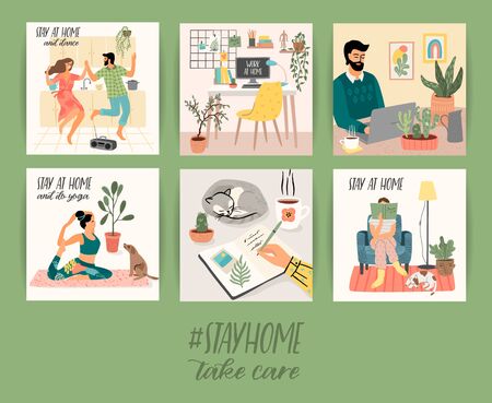 Stay at home. Young men and women stay in cozy house. Vector illustration.のイラスト素材