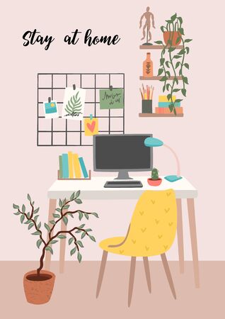 Stay at home. Workplace at home. Vector illustration.のイラスト素材
