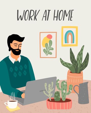 Work at home. Man works at home. Vector illustration.のイラスト素材