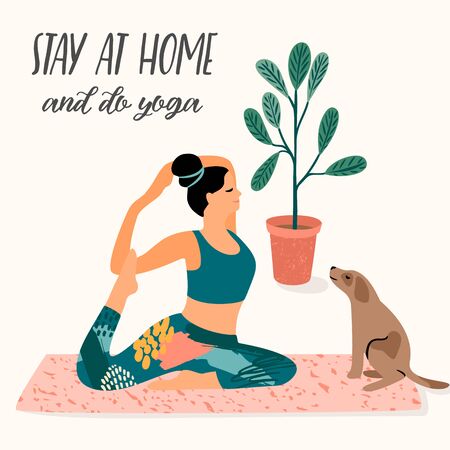 Stay at home. Young woman does yoga. Vector illustration.のイラスト素材