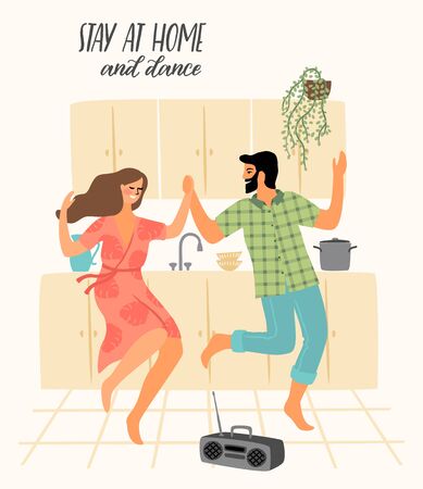 Stay at home. Young man and woman dancing in the kitchen.のイラスト素材