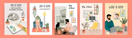Stay at home. Young men and women stay in cozy house. Vector illustrations.のイラスト素材