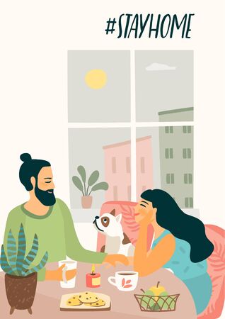 Stay at home. Young man and woman are sitting are drinking tea and talking. Vector illustration.のイラスト素材