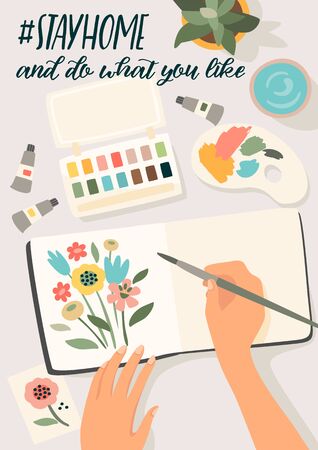 Stay at home. Woman paints flowers in sketchbook. Vector illustration.のイラスト素材