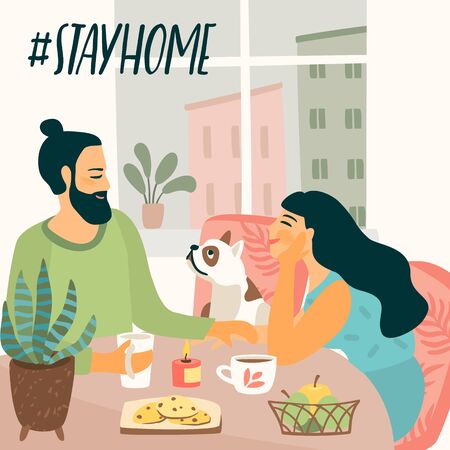 Stay at home. Young man and woman are sitting are drinking tea and talking. Vector illustration.のイラスト素材
