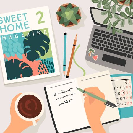 Stay at home. Woman writes in a diary, works at home. Vector illustration.のイラスト素材