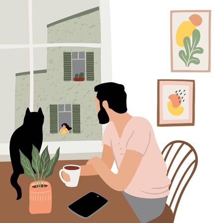 Stay at home. Young man looks out window. Vector illustration.のイラスト素材