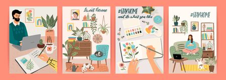 Stay at home. People stay in cozy house. Vector illustrationsのイラスト素材