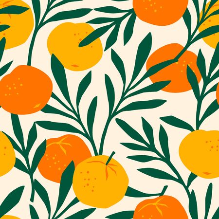 Vector seamless pattern with mandarins. Trendy hand drawn texturesのイラスト素材