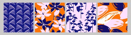 Artistic set of seamless patterns with abstract flowers and leaves.のイラスト素材