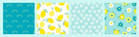 Artistic set of seamless patterns with abstract flowers and lemons.のイラスト素材