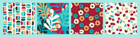 Abstract collection of seamless patterns with flowers, cherry and leaves and geometric shapes