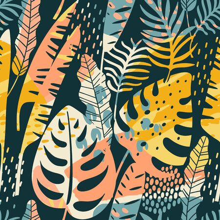 Abstract creative seamless pattern with tropical plants and artistic background.のイラスト素材