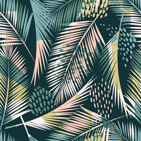 Abstract creative seamless pattern with tropical plants and artistic background.のイラスト素材