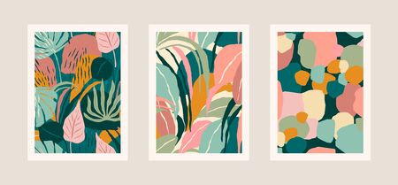 Collection of art prints with abstract leaves. Modern designのイラスト素材