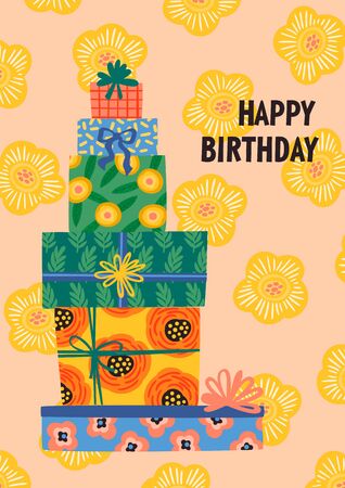 Happy Birthday. Vector illustration of cute gift boxes.のイラスト素材