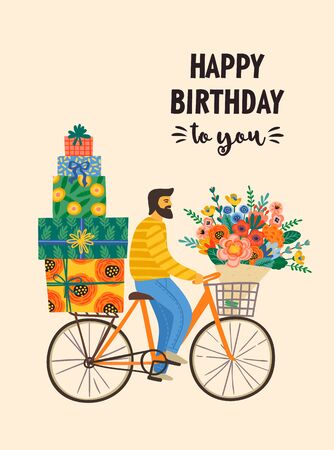 Happy Birthday. Vector illustration of cute man on a bicycle with bouquet and gift boxesのイラスト素材