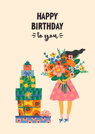 Happy Birthday. Vector illustration of cute lady with bouquet of flowers and gift boxes.のイラスト素材