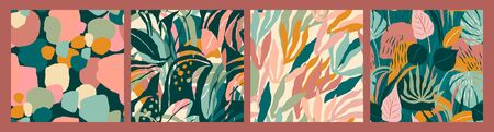 Abstract collection of seamless patterns with leaves and geometric shapes.のイラスト素材
