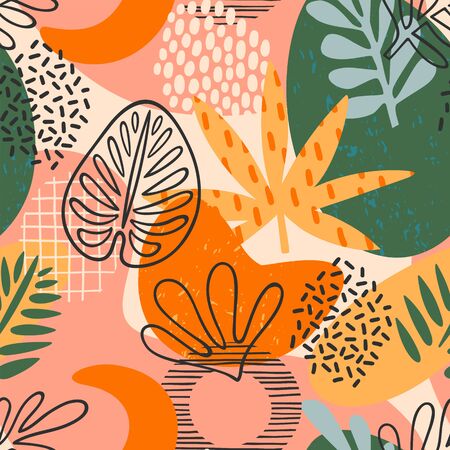 Abstract seamless pattern with tropical leaves. Hand draw texture. Vector.のイラスト素材