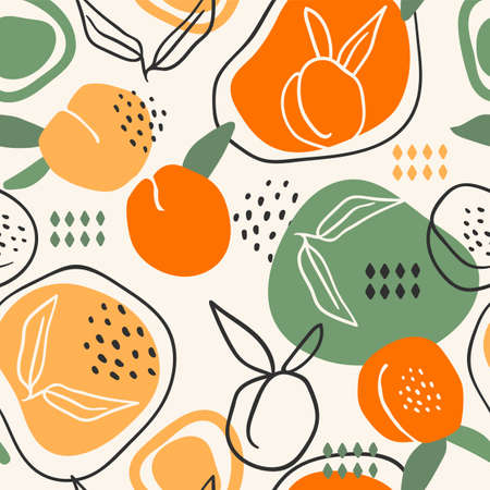 Vector seamless pattern with peaches. Trendy hand drawn textures.のイラスト素材