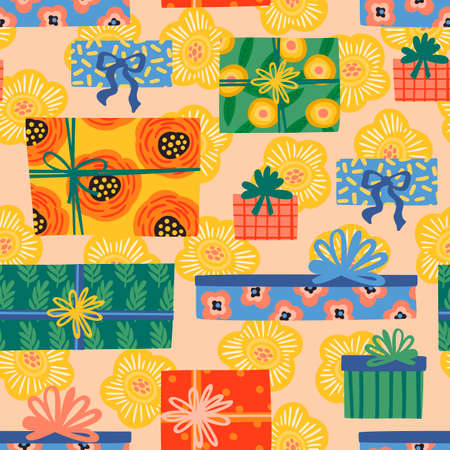 Happy Birthday. Seamless pattern with cute gift boxes and flowers. Vector designのイラスト素材