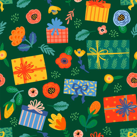 Happy Birthday. Seamless pattern with cute gift boxes and flowers. Vector designのイラスト素材