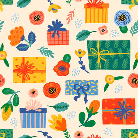 Happy Birthday. Seamless pattern with cute gift boxes and flowers. Vector designのイラスト素材