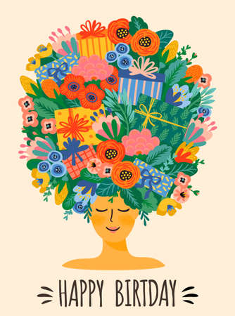 Happy Birthday. Vector illustration of cute lady with bouquet of flowers and gift boxes on head. Design template for card, poster, flyer, banner and other useのイラスト素材