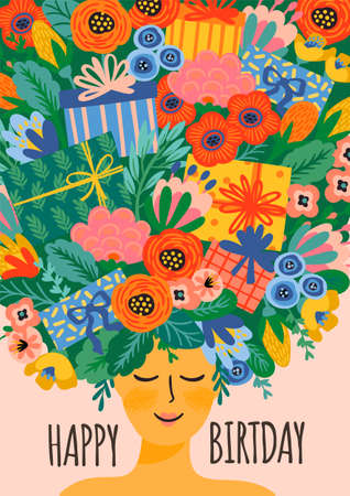 Happy Birthday. Vector illustration of cute lady with bouquet of flowers and gift boxes on head. Design template for card, poster, flyer, banner and other useのイラスト素材