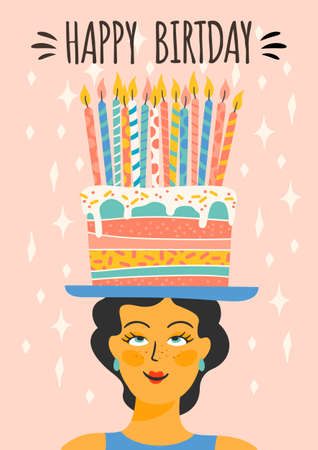 Happy Birthday. Vector illustration of cute lady with cake on the head. Design template for card, poster, flyer, banner and other useのイラスト素材