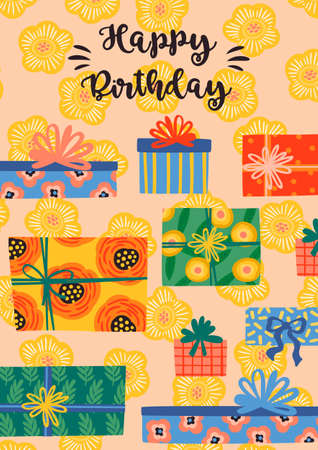 Happy Birthday. Vector illustration with cute gift boxes and flowers. Design template for card, poster, flyer, banner and other useのイラスト素材