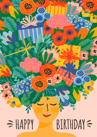 Happy Birthday. Vector illustration of cute lady with bouquet of flowers and gift boxes on headのイラスト素材