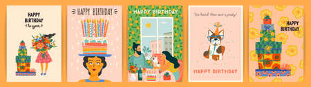 Happy Birthday. Vector set of cute illustrations. Design templatesのイラスト素材