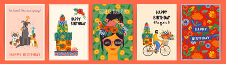 Happy Birthday. Vector set of cute illustrations. Design templatesのイラスト素材