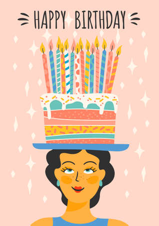 Happy Birthday. Vector illustration of cute lady with cake on the head.のイラスト素材