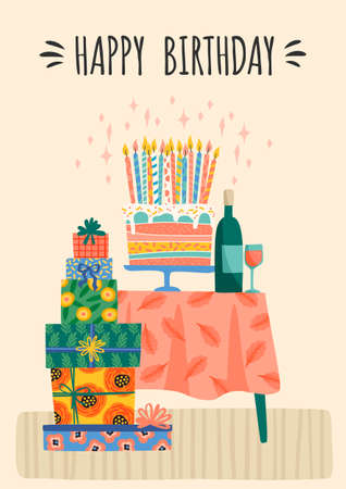 Happy Birthday. Vector illustration of cute gift boxes and cake.のイラスト素材