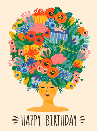 Happy Birthday. Vector illustration of cute lady with bouquet of flowers and gift boxes on headのイラスト素材