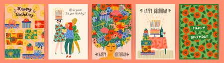 Happy Birthday. Vector set of cute illustrations. Design templatesのイラスト素材