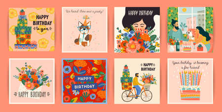 Happy Birthday. Vector set of cute illustrations. Design templatesのイラスト素材