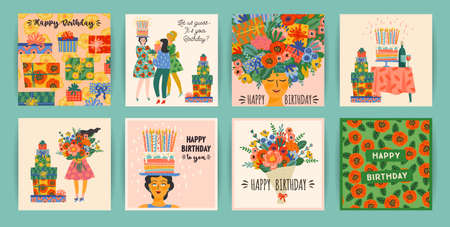 Happy Birthday. Vector set of cute illustrations. Design templatesのイラスト素材