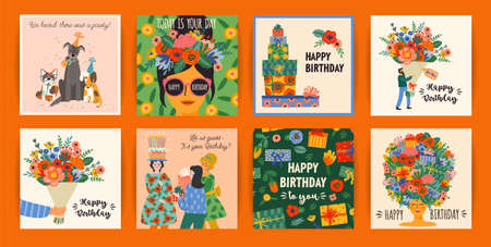Happy Birthday. Vector set of cute illustrations. Design templatesのイラスト素材