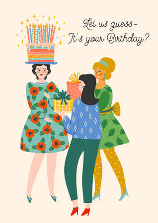 Happy Birthday. Vector illustration of cute women. Design templateのイラスト素材