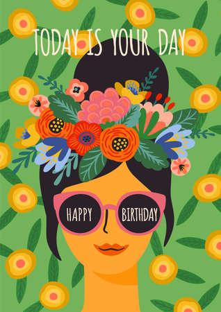 Happy Birthday. Vector illustration of cute lady in glasses with wreath.のイラスト素材