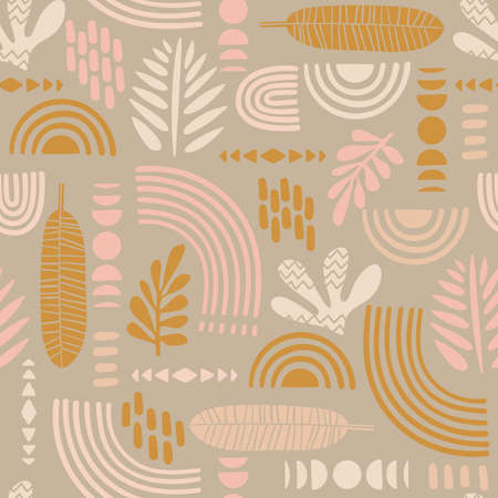 Artistic seamless pattern with abstract leaves and geometric shapes.のイラスト素材