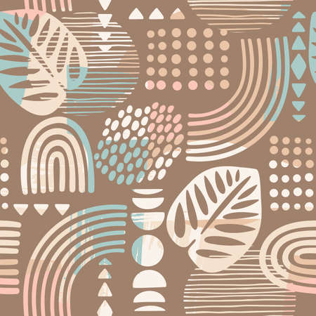 Artistic seamless pattern with abstract leaves and geometric shapes.のイラスト素材