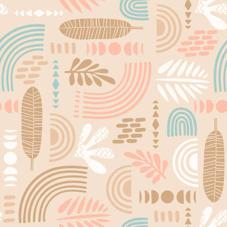 Artistic seamless pattern with abstract leaves and geometric shapes.のイラスト素材