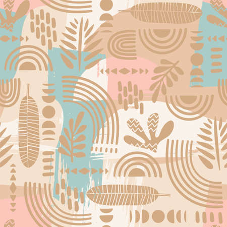 Artistic seamless pattern with abstract leaves and geometric shapes.のイラスト素材