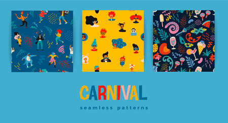 Seamless patterns with funny dancing men and women in bright modern costumes, carnival objects and abstract shapes.のイラスト素材