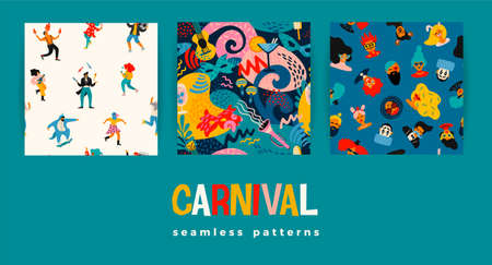 Seamless patterns with funny dancing men and women in bright modern costumes, carnival objects and abstract shapes.のイラスト素材